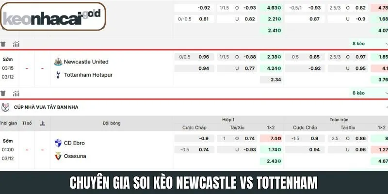 Nhận định và phân tích các kèo trận Newcastle và Tottenham
